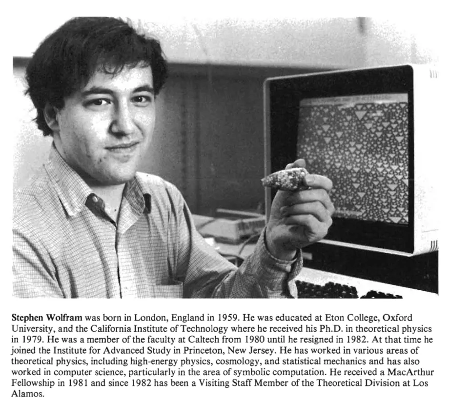 Primary-source scan of Stephen Wolfram's author biography page in Cellular Automata, showing a portrait of Wolfram holding a shell beside a monitor with a cellular automaton pattern.